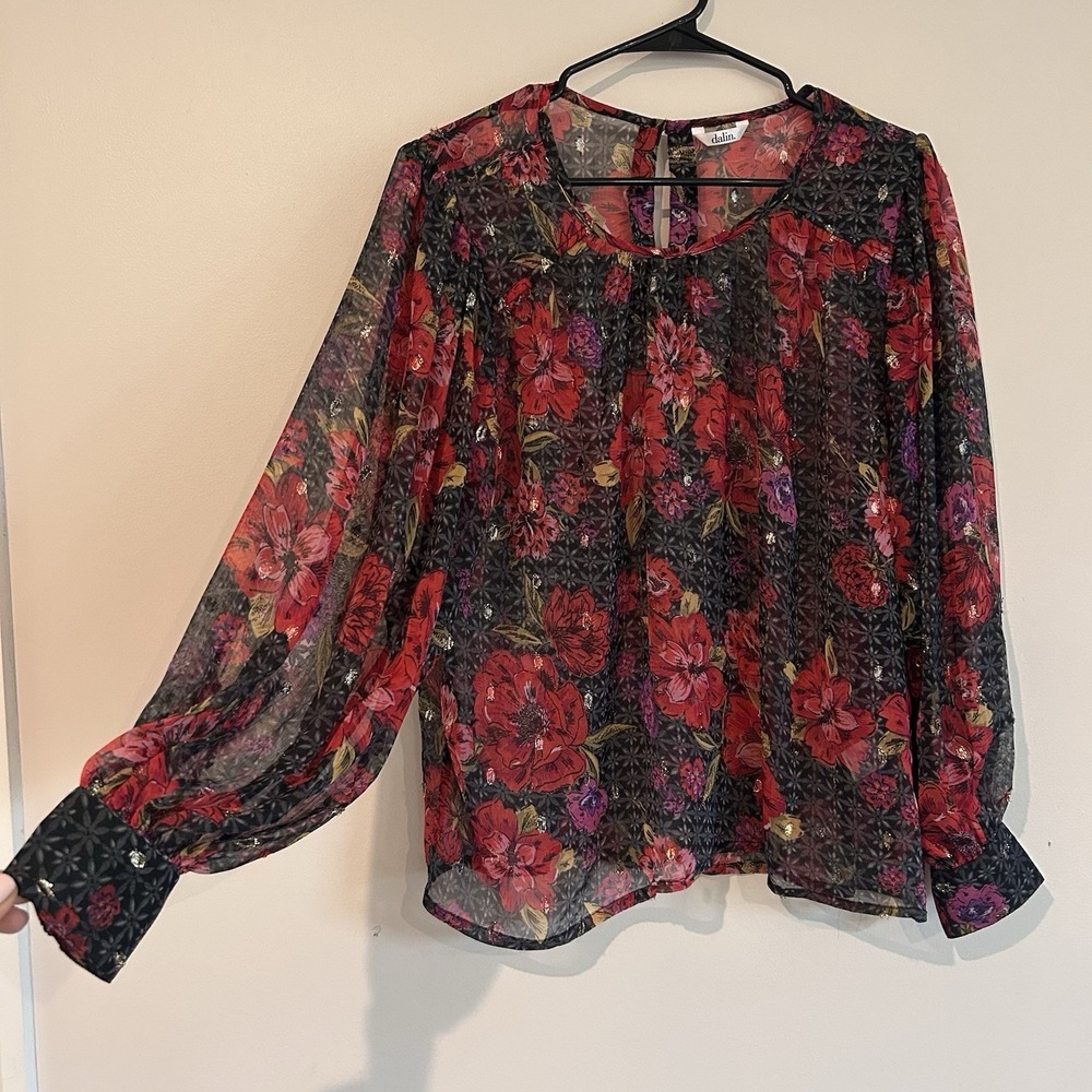 Dalin Dark Floral Blouse Sz S Sheer Balloon Puff Sleeve Whimsical Romantic